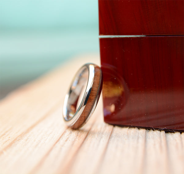 UXD Match His and Hers Tungsten Ring Set With Koa Wood Inlay And Hammered Texture