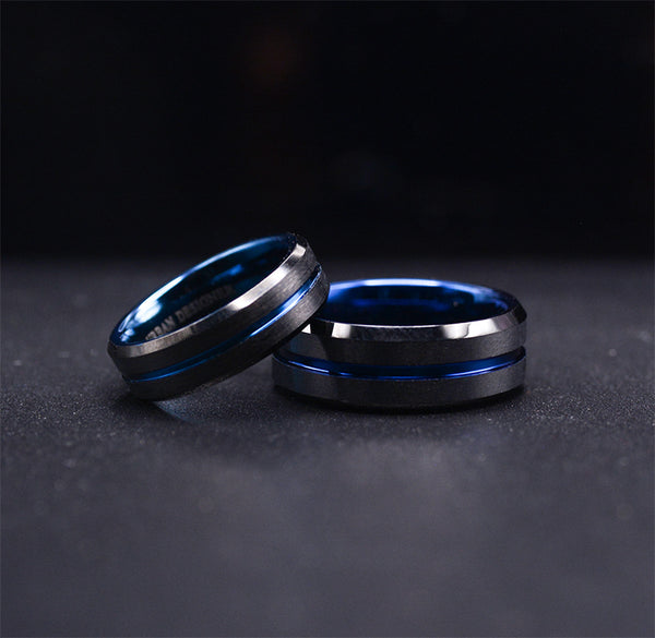 Eternal Commitment: Dark Tungsten Wedding Ring Sets Enhanced with Striking Blue Accents