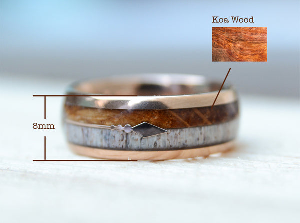 8mm Gold plated Tungsten Ring With Cool Koa Wood Inlay and Sleek Silver Feathered Arrow
