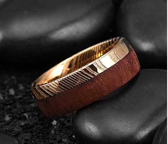 Unique Mens Wedding Bands Damascus Steel With Bubinga Wood Inlay Design | Urban Designer 