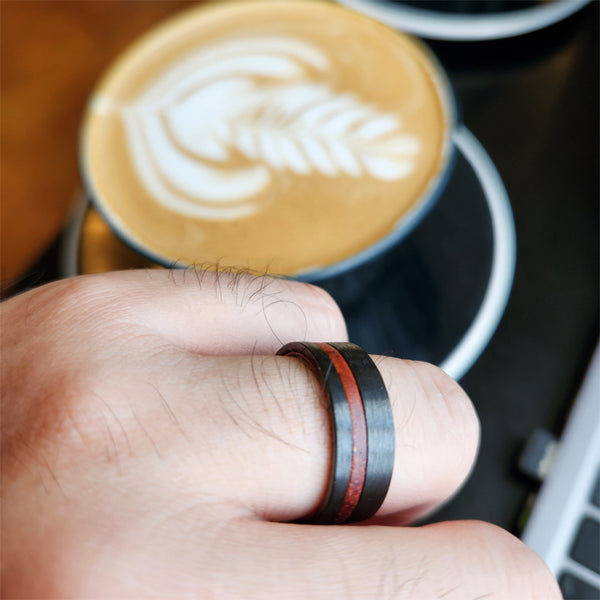 Mens Black Tungsten Carbide Wedding Band With Rosewood Inlaid