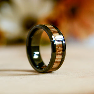 Urban Designer Wedding Band For Men Black Tungsten Carbide Ring Wood Inlay