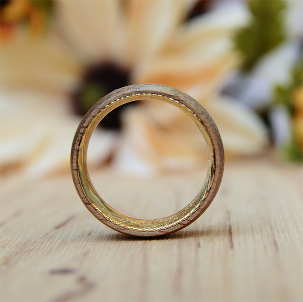 Mens Wedding Band Damacus Steel with WoodInlay