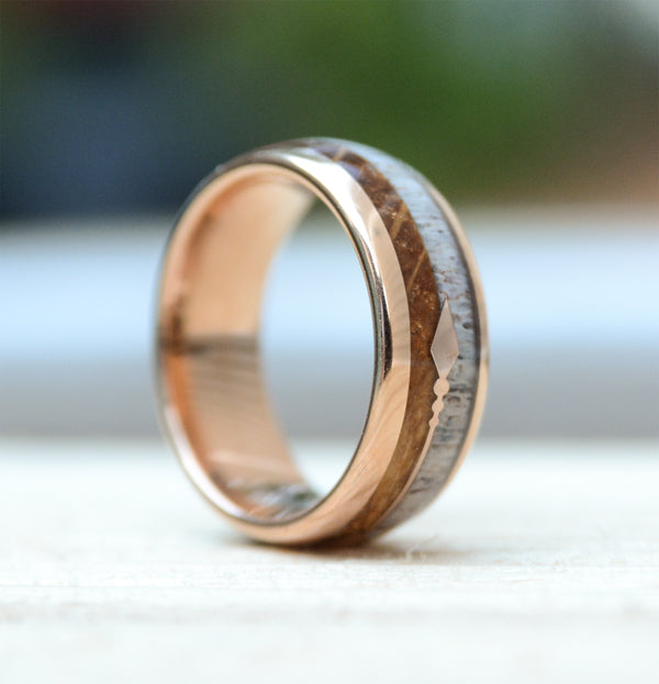 Men's Tungsten Ring With Antler And Koa Wood Inlay Sleek Feathered Arrow