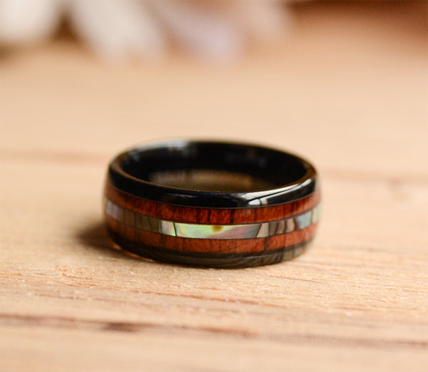 8mm Abalone Shell and Wood Inlay Black Tungsten Wood Ring