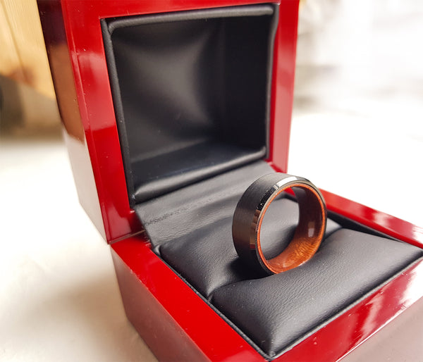 Black Tungsten Carbide Wedding Band Inlay Real Wood Brushed Center Beveled Style