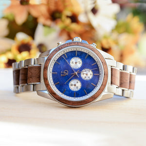 Blue Heart Chronograph Wood Watch For Men Red Wood Band with Dark Metal Combined-Urban Designer