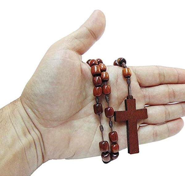 Handmade Wooden Beads Catholic Rosary Necklace with Cross