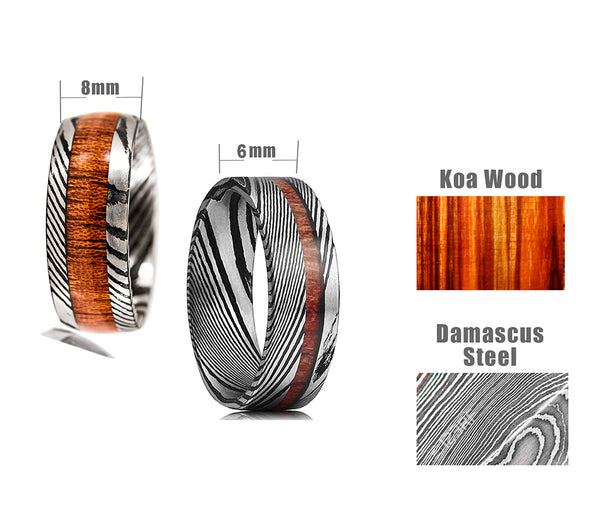 Match His and Hers Damascus Steel Pattern Wedding Band Sets with Koa Wood Inlay