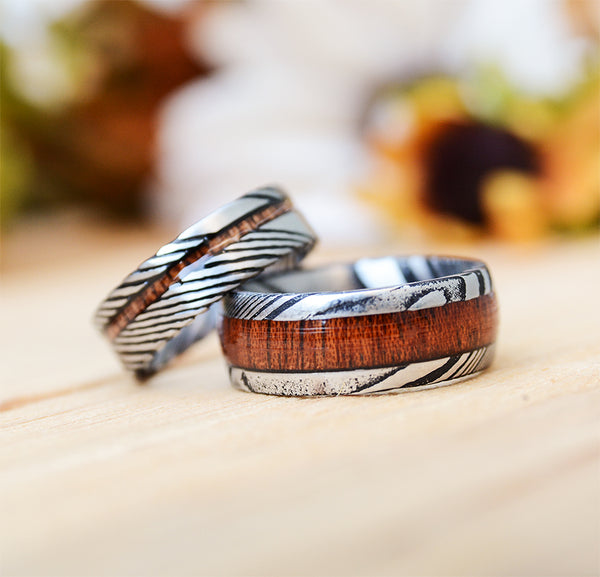 Match His and Hers Damascus Steel Pattern Wedding Band Set with Koa Wood Inlay | Urban Designer 