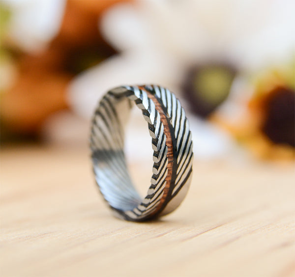 Match His and Hers Damascus Steel Pattern Wedding Band Sets with Koa Wood Inlay