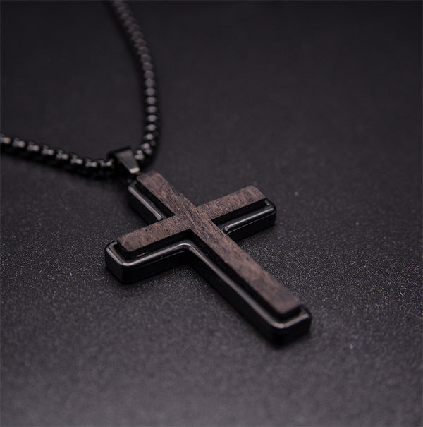 Black Stainless Steel Men's Cross Necklace with Ebony Wood Pendant