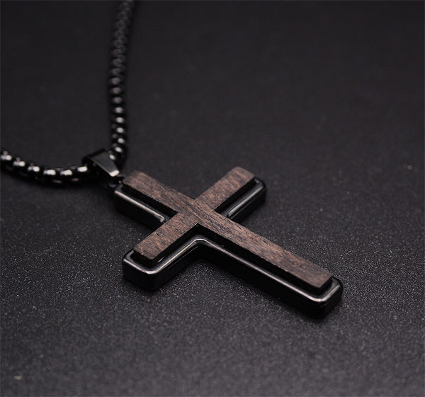 Black Stainless Steel Men's Cross Necklace with Ebony Wood Pendant