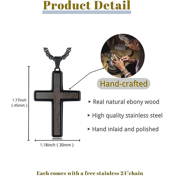 Black Stainless Steel Men's Cross Necklace with Ebony Wood Pendant