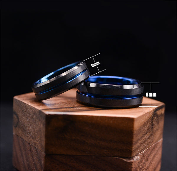 Eternal Commitment: Dark Tungsten Wedding Ring Sets Enhanced with Striking Blue Accents