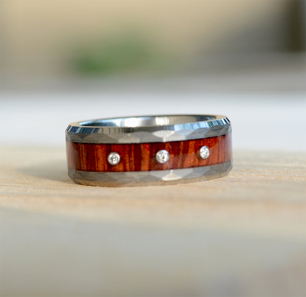 Diamond Tungsten Rings with Wood Inlay and Hammered Texture