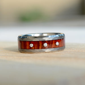 Diamond Tungsten Rings with Wood Inlay and Hammered Texture