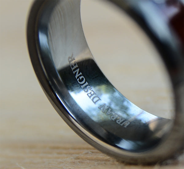 Diamond Tungsten Rings with Wood Inlay and Hammered Texture