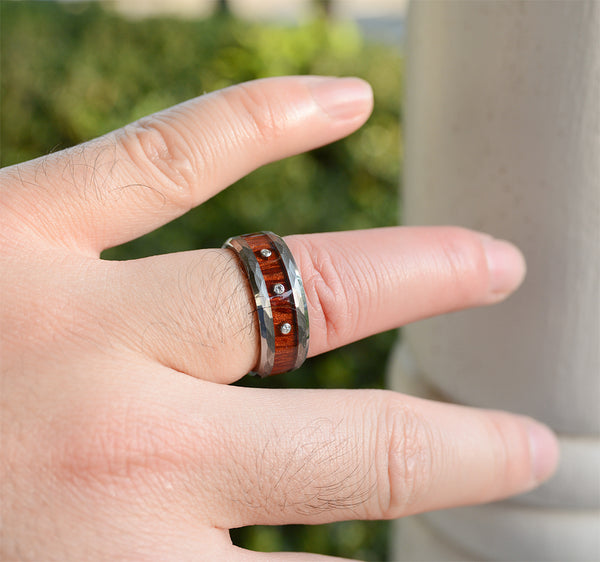 Diamond Tungsten Rings with Wood Inlay and Hammered Texture