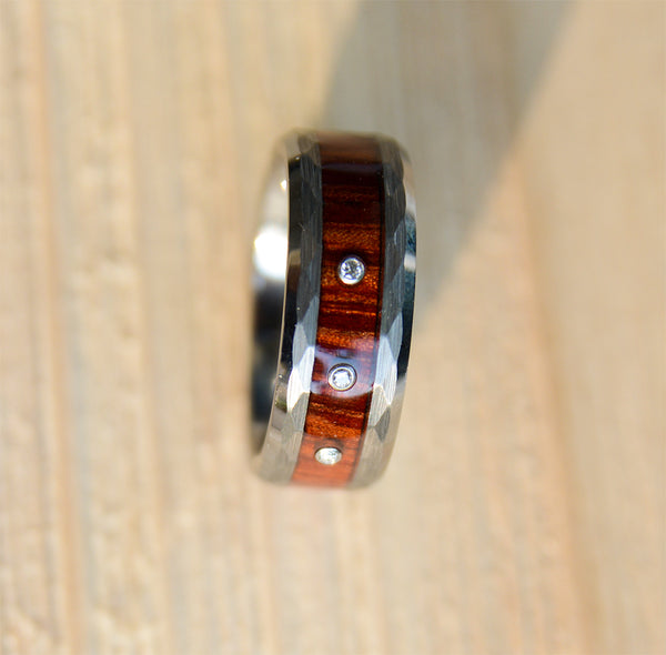 Diamond Tungsten Rings with Wood Inlay and Hammered Texture
