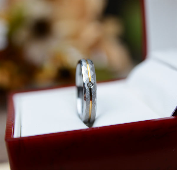 Diamond Tungsten Wedding  Band Set With Hammered Texture