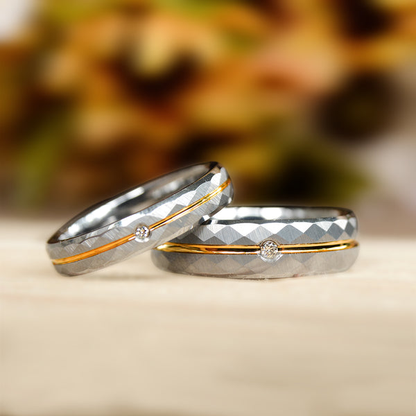 Diamond Tungsten Wedding Band Set and Hammered Texture- Wedding Band Set, Wedding Ring Set