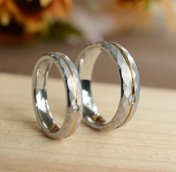 Diamond Tungsten Wedding  Band Set With Hammered Texture