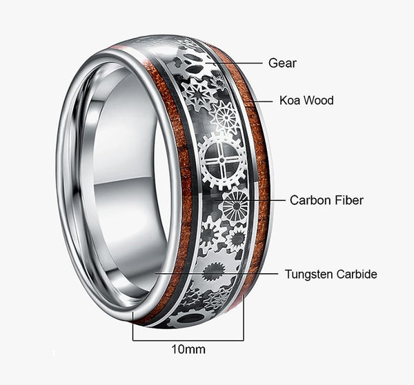 Steampunk Gear Wheel Tungsten Ring With Koa Wood Inlay