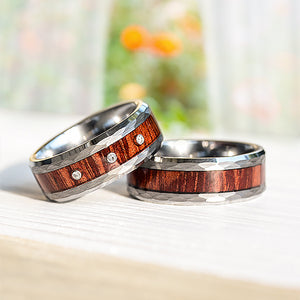 Match His and Hers Diamond Tungsten Rings with Wood Inlay and Hammered Texture