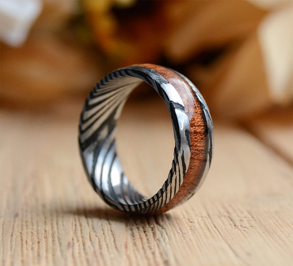 Match His and Hers Damascus Steel Pattern Wedding Band Sets with Koa Wood Inlay