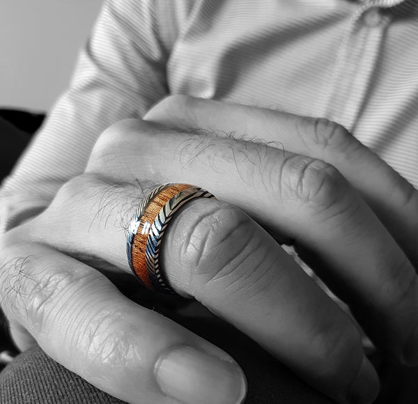 Match His and Hers Damascus Steel Pattern Wedding Band Sets with Koa Wood Inlay