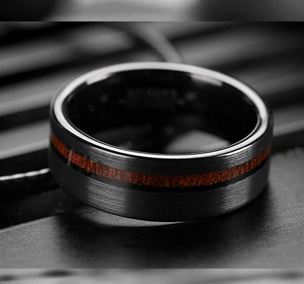 Mens 8mm Black Tungsten Carbide Wooden Ring Matte Brushed