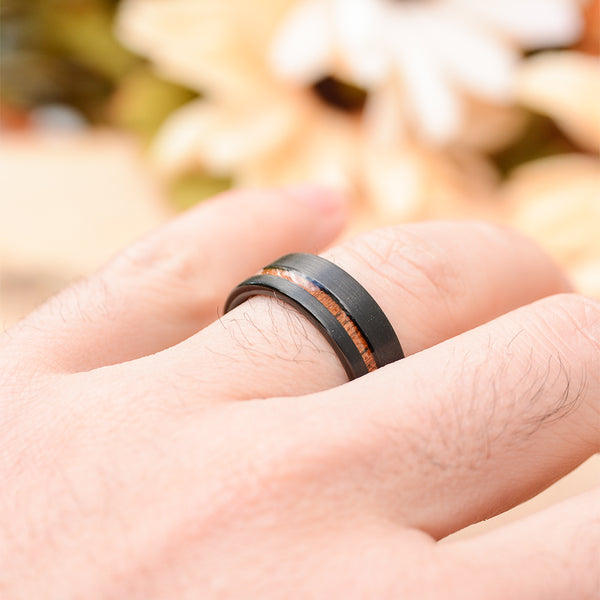 Mens 8mm Black Tungsten Carbide Wooden Ring Matte Brushed