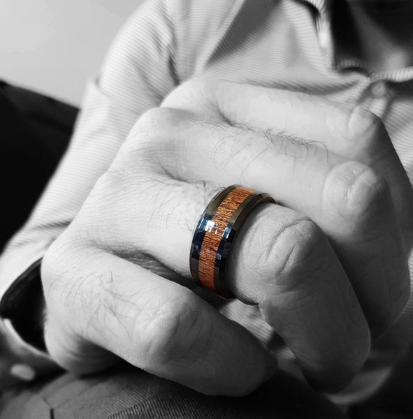 mens 8mm Black Tungsten Band with Redwood Inlay Black Tungsten Ring-wooden engagement ring