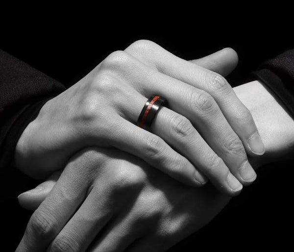 Mens Black Tungsten Carbide Wedding Band With Rosewood Inlaid