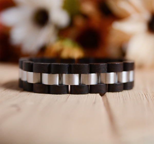 Dark Wooden Bracelet For Men Stylish Wood & Stainless Steel Combined