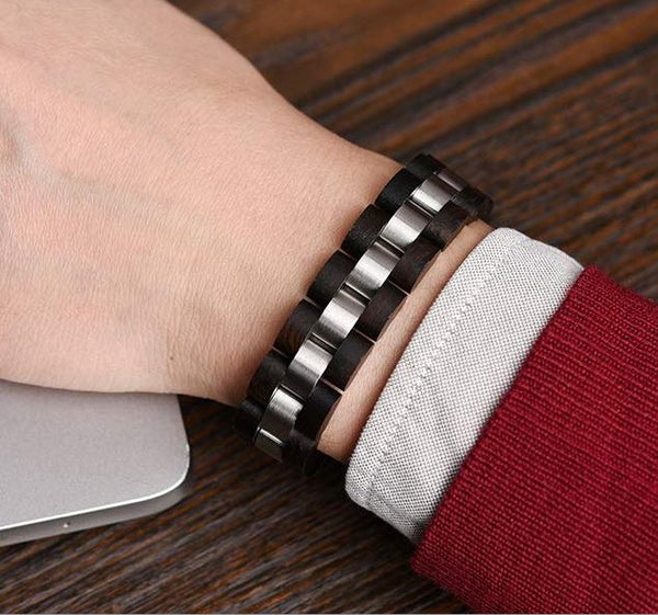 Dark Wooden Bracelet For Men Stylish Wood & Stainless Steel Combined