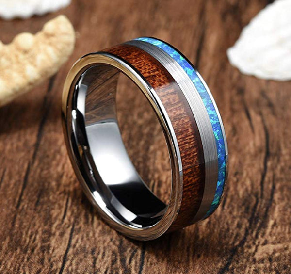 Sleek and Stylish: Men's Tungsten Carbide Wood Wedding Ring with Blue Opal Inlay