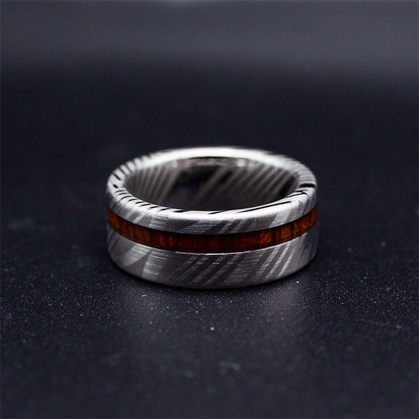 TimberForge Men's Wedding Band with Koa Wood Inlay and Damascus Steel
