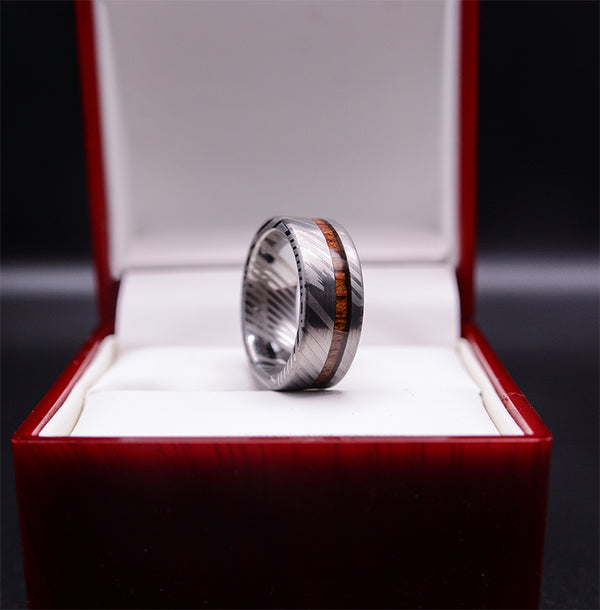 TimberForge Men's Wedding Band with Koa Wood Inlay and Damascus Steel
