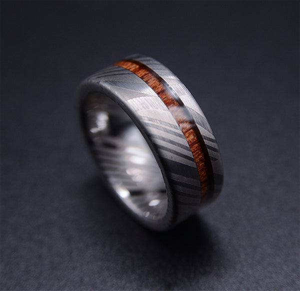 TimberForge Men's Wedding Band with Koa Wood Inlay and Damascus Steel