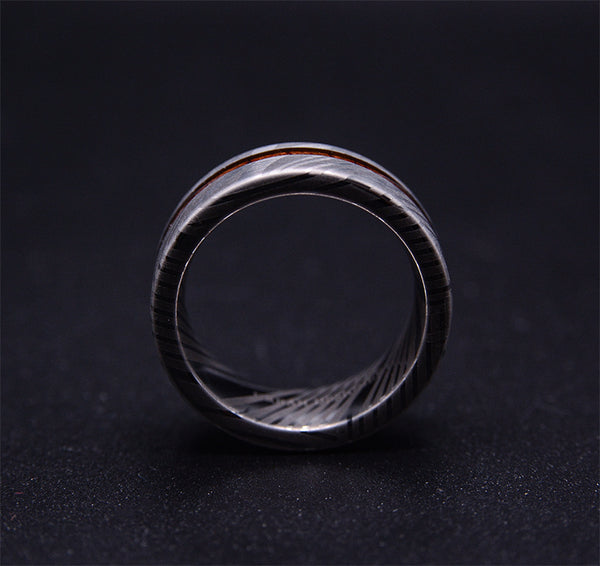 TimberForge Men's Wedding Band with Koa Wood Inlay and Damascus Steel
