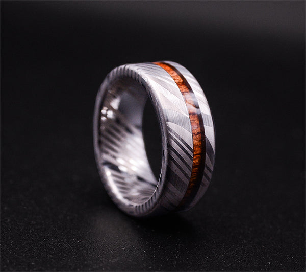 TimberForge Men's Wedding Band with Koa Wood Inlay and Damascus Steel