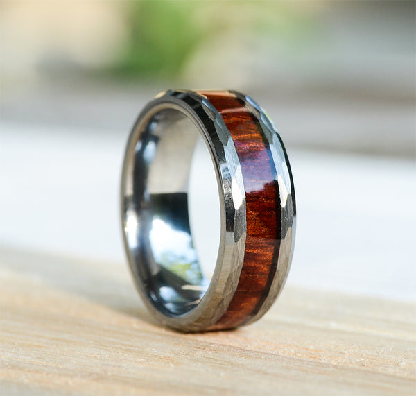 Wooden Wedding Rings Mens Tungsten Rings with Wood Inlay and Hammered Texture | Urban Designer