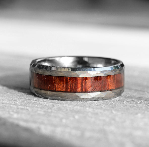 UXD Match His and Hers Tungsten Ring Set With Koa Wood Inlay And Hammered Texture