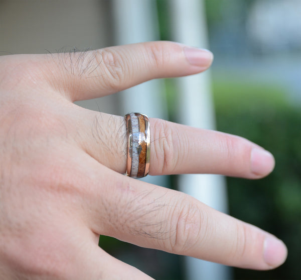 Men's Tungsten Ring With Antler And Koa Wood Inlay Sleek Feathered Arrow