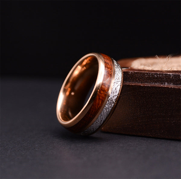 Rose Gold Tungsten Ring With Meteorite And Wood 8mm