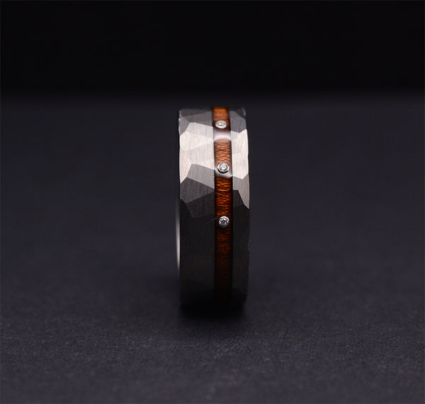 Onyx Timber Diamond Tungsten Rings with Koa Wood Inlay & Hammered Texture