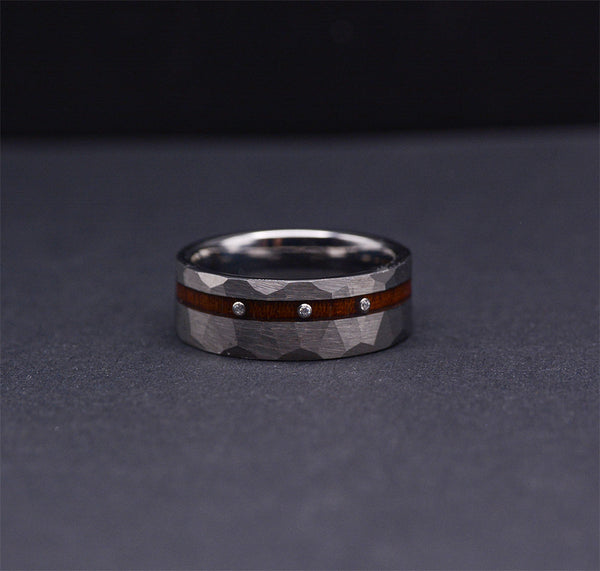 Onyx Timber Diamond Tungsten Rings with Koa Wood Inlay & Hammered Texture