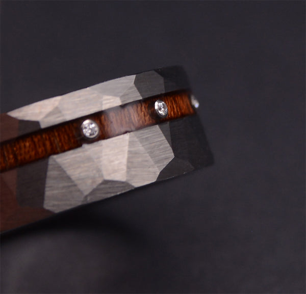 Onyx Timber Diamond Tungsten Rings with Koa Wood Inlay & Hammered Texture